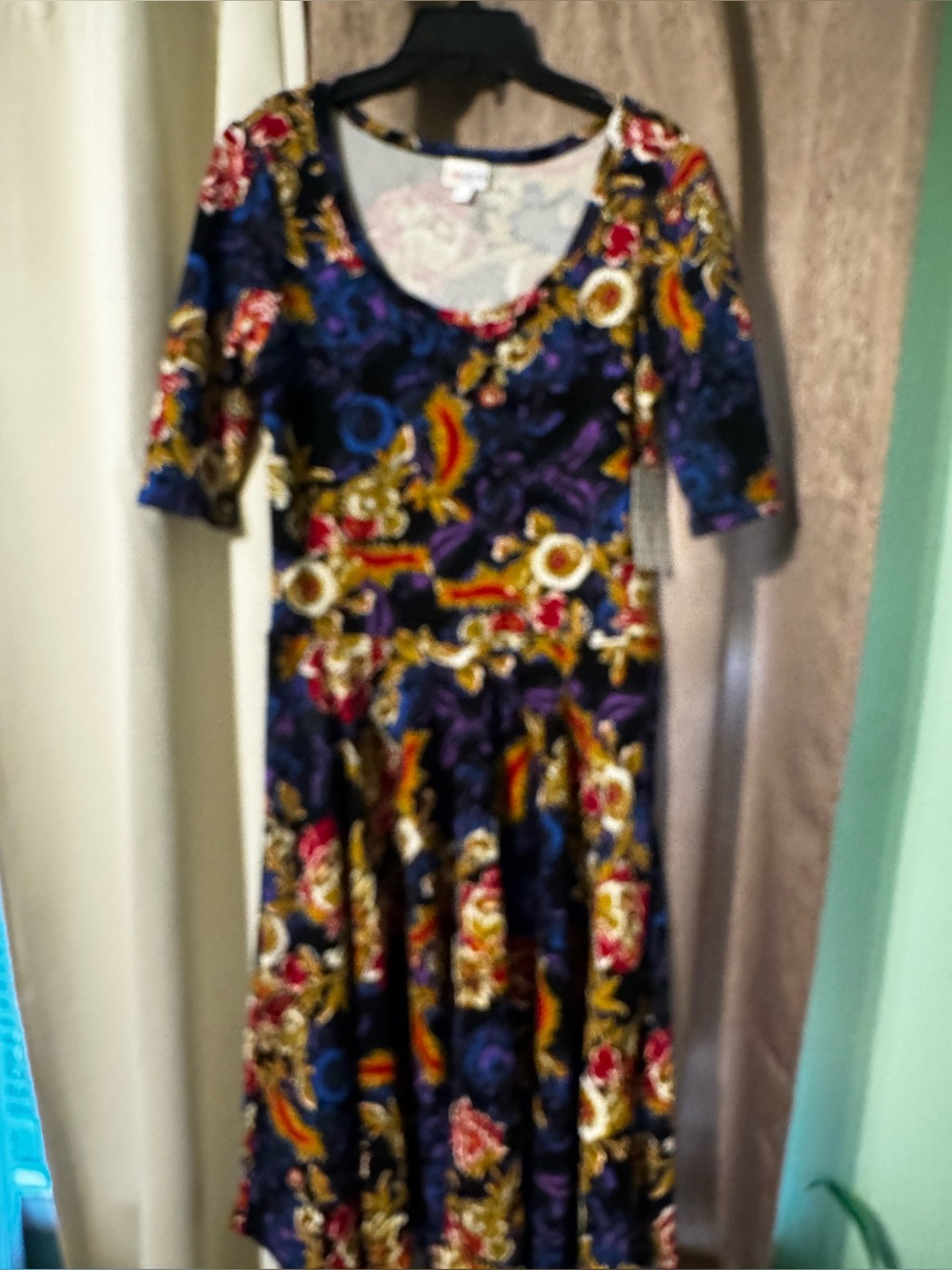 LuLaRoe Nicole Size Large  Dress Blue Pink Orange Paisley Floral Fit Flare NWT